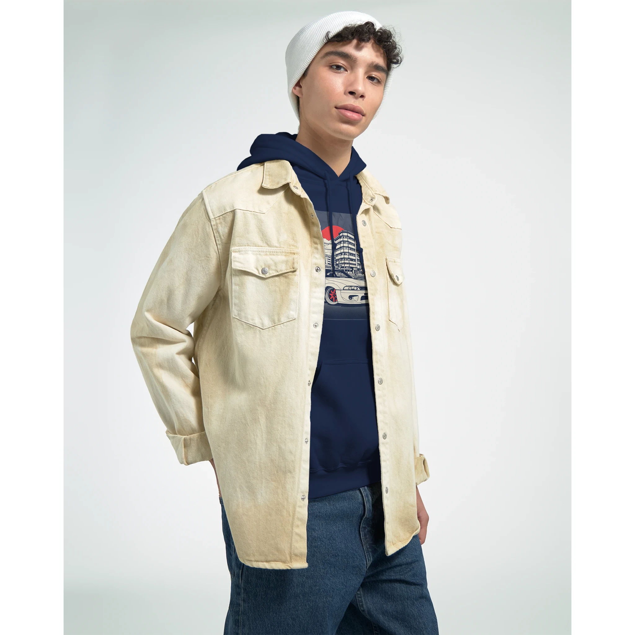 Model wearing Car Jumper JDM Hoodie in navy, 50/50 cotton-polyester blend, layered under a beige overshirt.