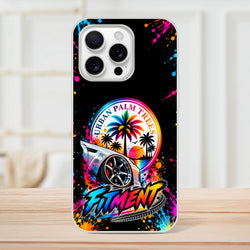 Fitment stance iPhone case featuring lowered car, colorful palm trees, and paint splatter design for petrolheads.