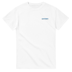 White Santorini Greece graphic tee with blue SANTORINI wordmark on chest.