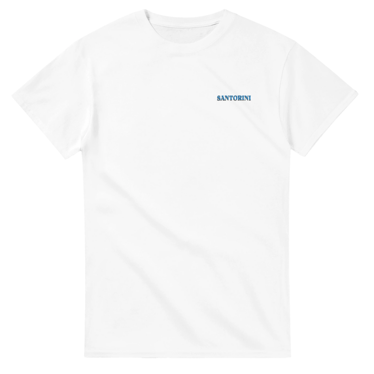 White Santorini Greece graphic tee with blue SANTORINI wordmark on chest.