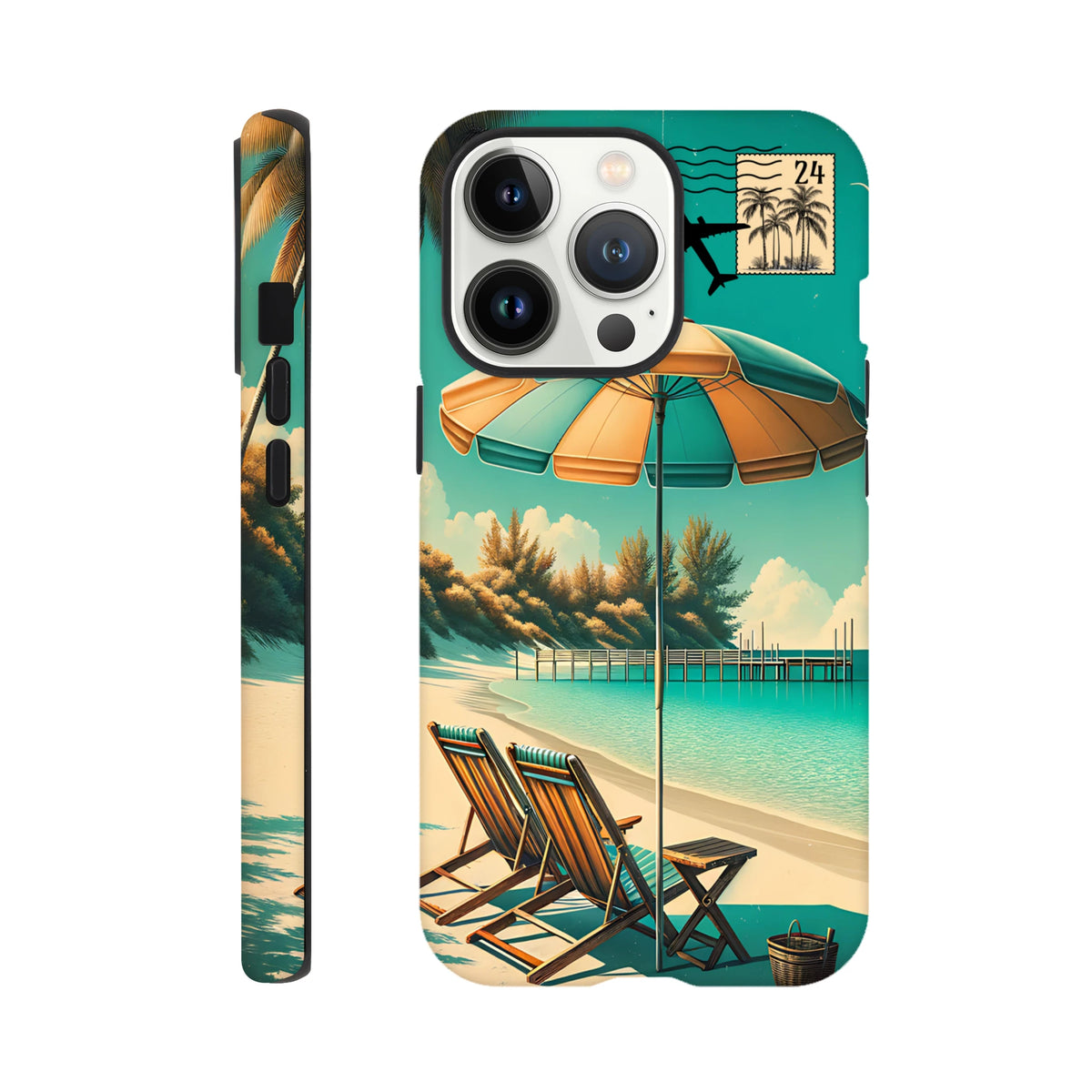 Retro beach holiday iPhone case featuring vintage deck chairs, a striped umbrella, and a wooden pier on turquoise water.