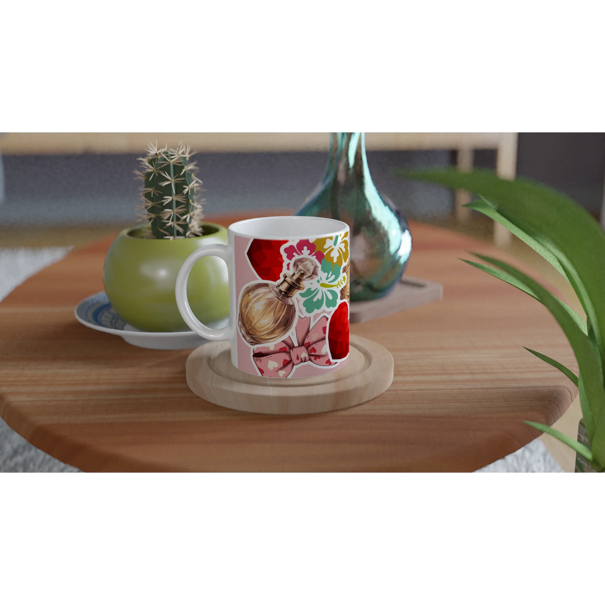 Retro ceramic mug featuring a vintage perfume bottle, floral pattern, and pink coquette bow design on a wooden coast