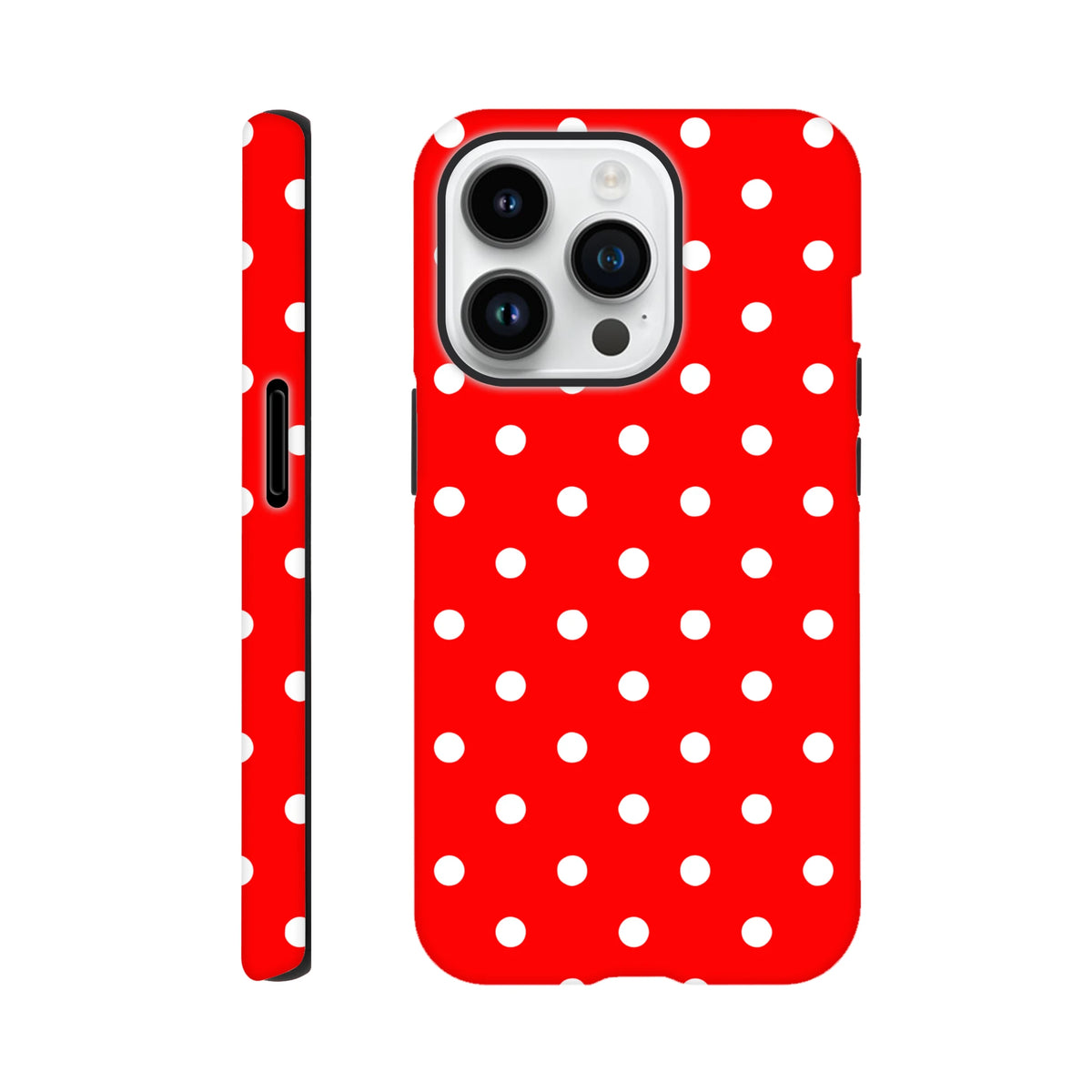 Red and white polka dot tough iPhone case with glossy wraparound print, designed to protect corners and shield against daily drops.