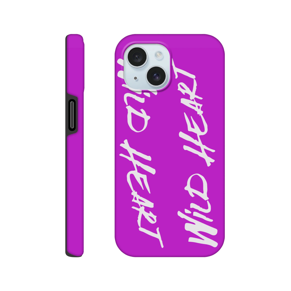 Vibrant purple iPhone case with white wild heart graffiti text. Tough streetwear phone cover with shock-absorbing protection for urban style.