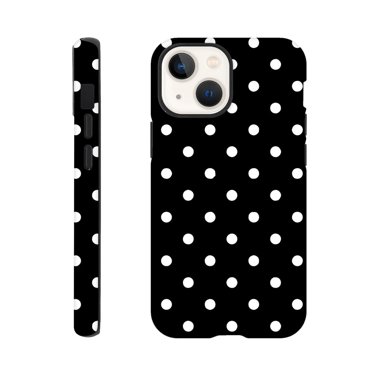 Black and white polka dot tough iPhone case featuring durable dual-layer protection and glossy wraparound print for shock absorption.