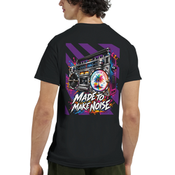 Black men's t-shirt back print featuring a colorful retro boombox graphic, palm tree illustration, and "Made to Make Noise" text.