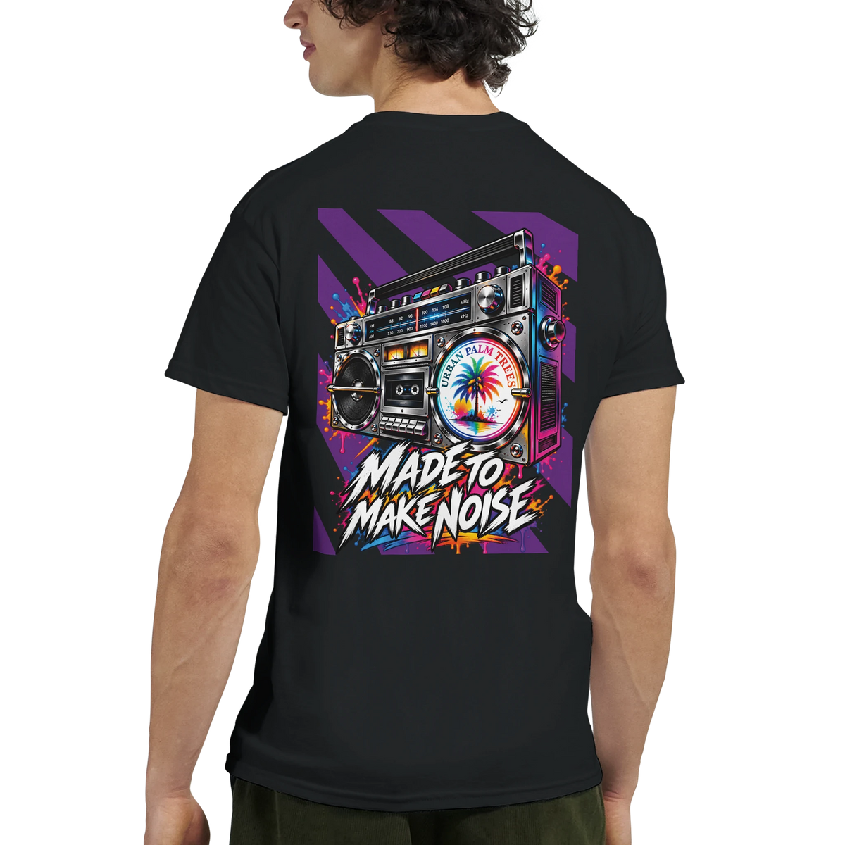 Black men's t-shirt back print featuring a colorful retro boombox graphic, palm tree illustration, and "Made to Make Noise" text.