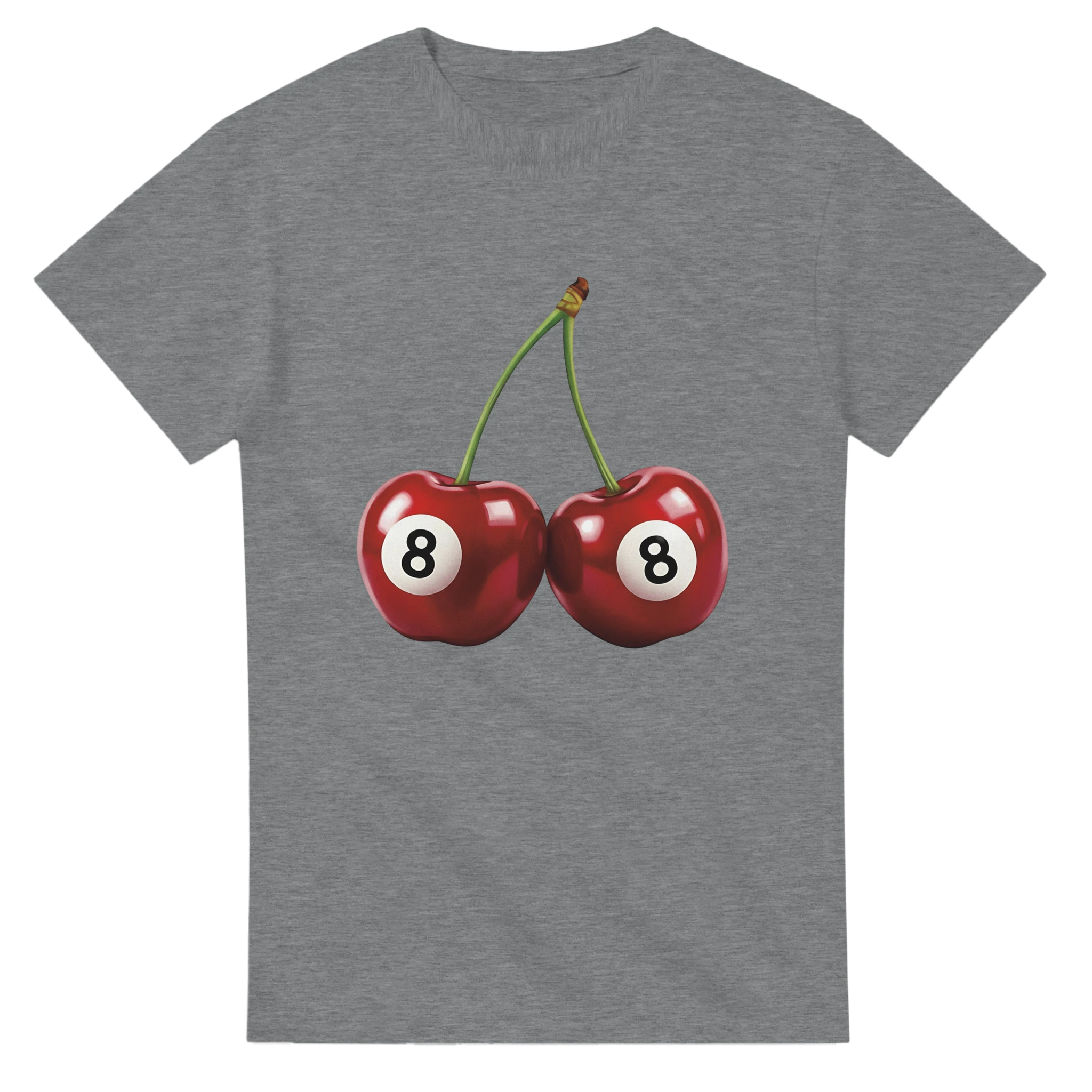 Two red cherries with white circles showing 8 on both, printed on a gray women's graphic T-shirt.