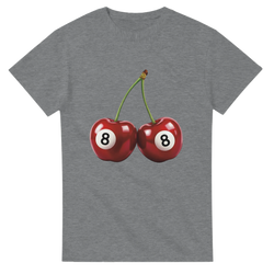 Two red cherries with white circles showing 8 on both, printed on a gray women's graphic T-shirt.