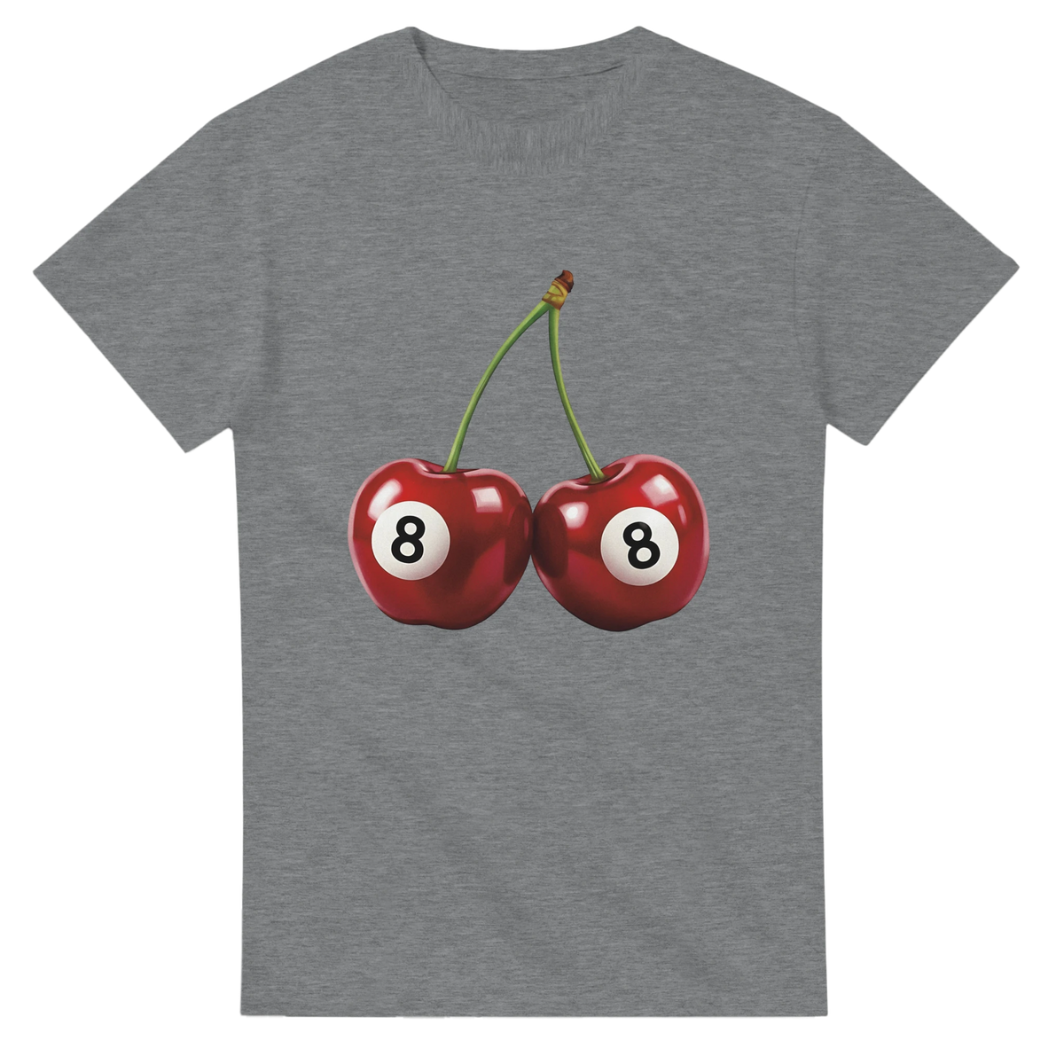 Two red cherries with white circles showing 8 on both, printed on a gray women's graphic T-shirt.