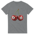 Two red cherries with white circles showing 8 on both, printed on a gray women's graphic T-shirt.