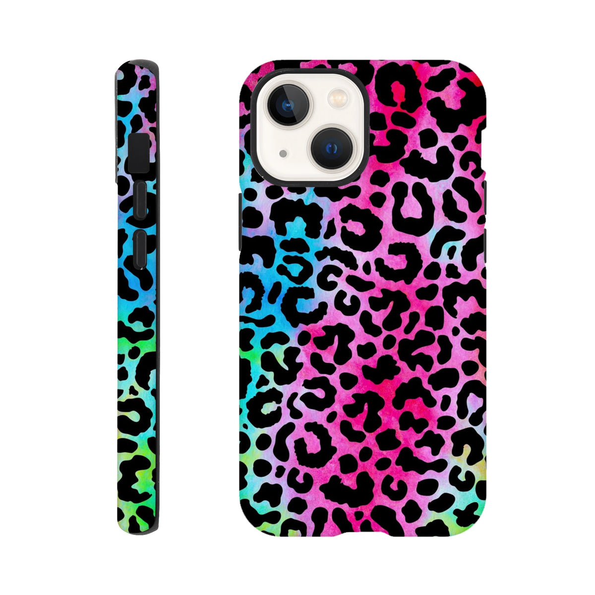 Vibrant rainbow leopard print tough iPhone case providing drop protection and wireless charging access for models 13 through 16.
