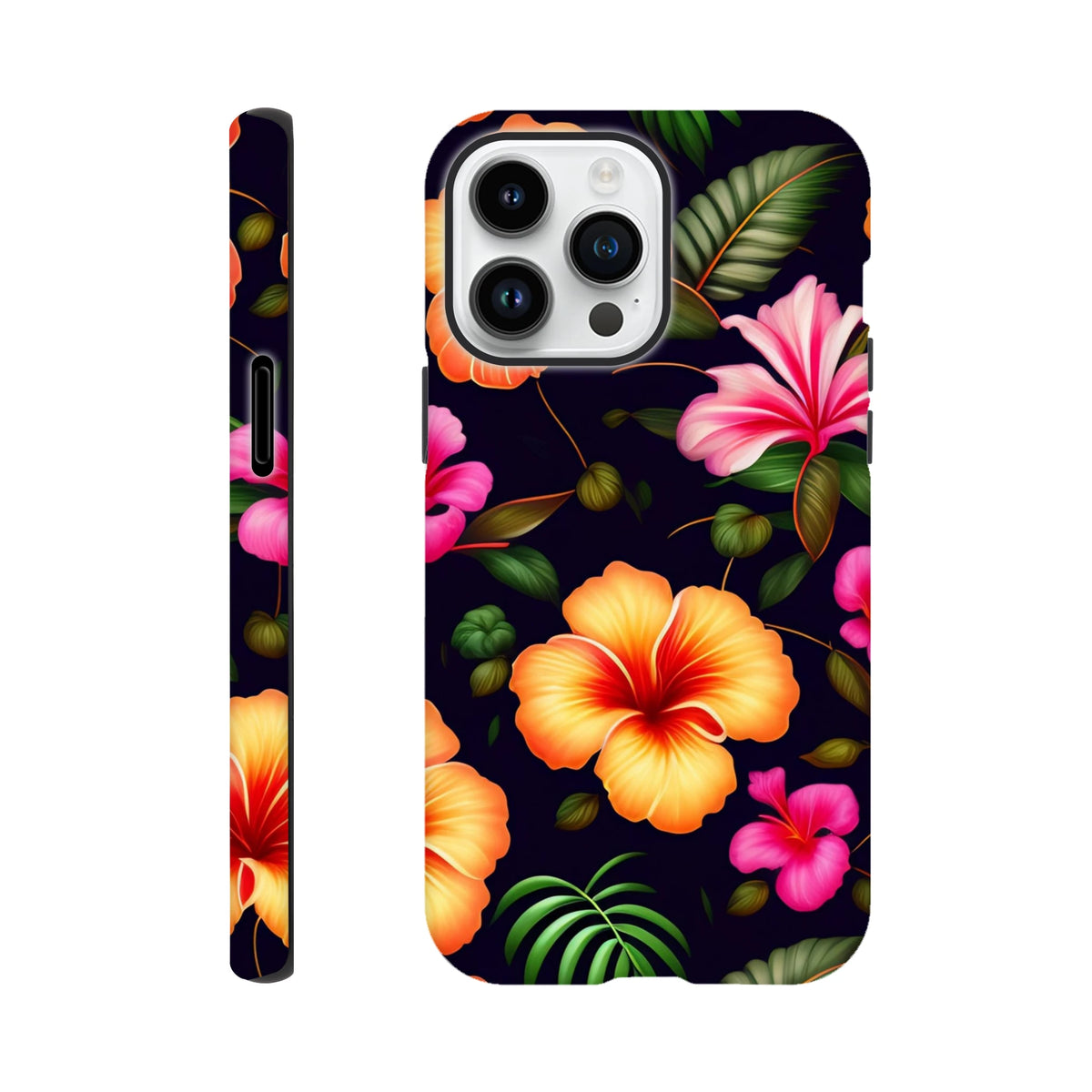 Tropical floral tough iPhone case featuring vibrant orange and pink hibiscus flowers with green palm leaves on a dark background.