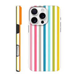 Retro rainbow multicolour stripe tough iPhone case featuring vertical pink, blue, yellow, and green stripes on a white background.