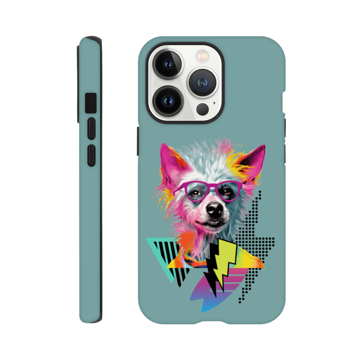 Retro pop art iPhone case featuring a colorful dog with glasses and geometric lightning bolts on a teal background.