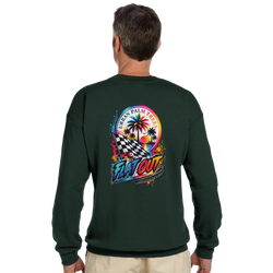 Dark green Flat Out petrolhead sweatshirt featuring a colorful checkered flag and palm tree graphic on the back.