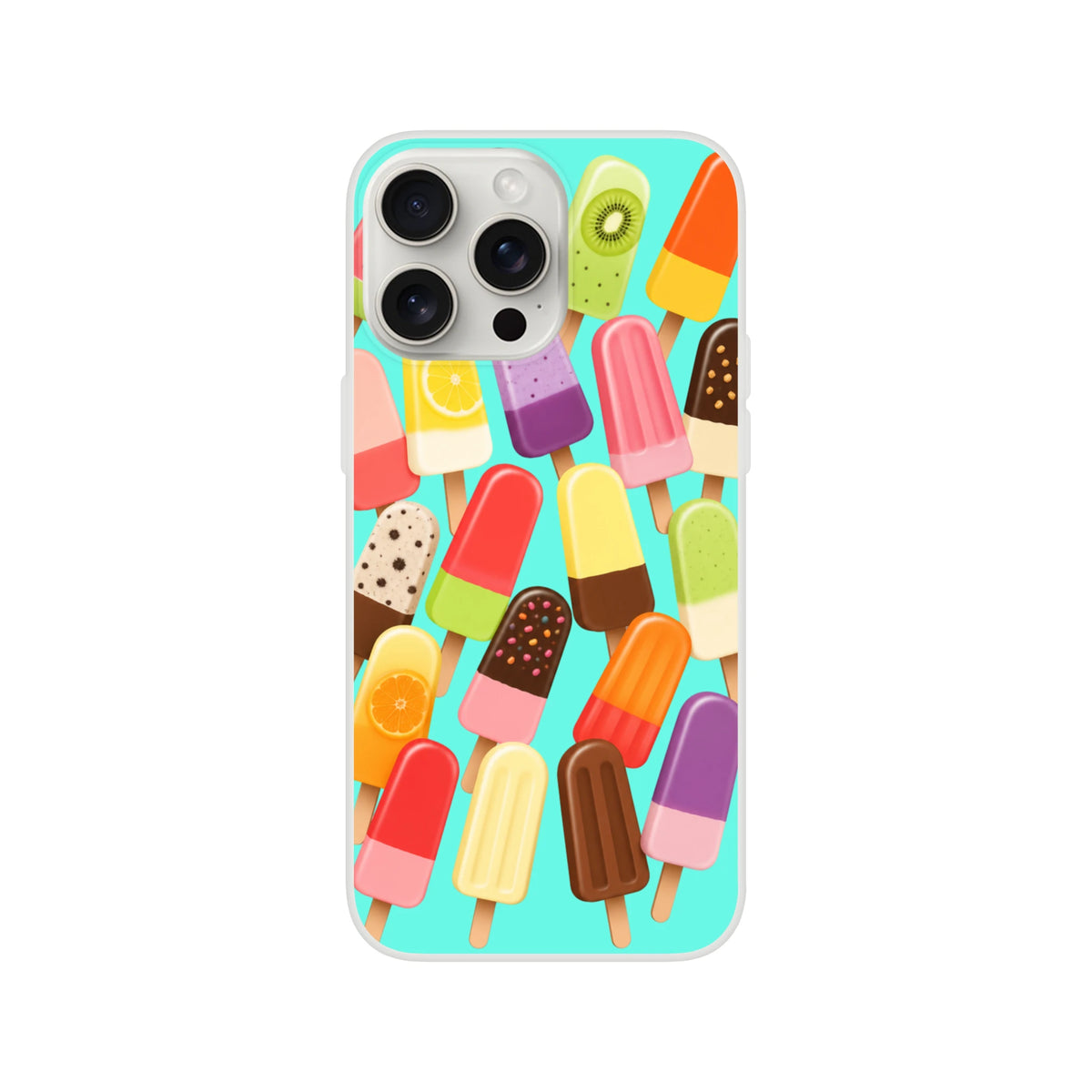 Colorful retro popsicle iPhone case featuring assorted ice lollies on a turquoise background.