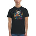 Cat DJ graphic on a black men's T-shirt with colorful splash art, headphones, and turntables.
