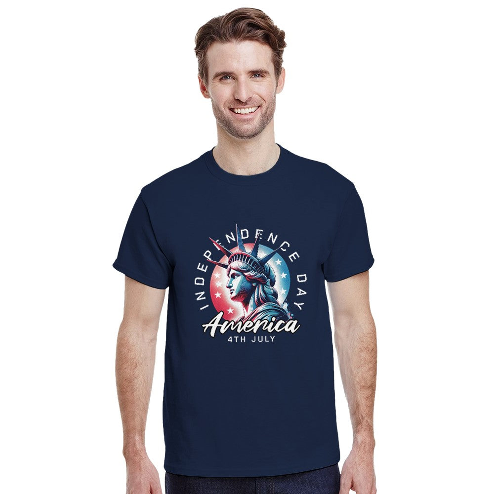 Man wearing navy USA graphic T-shirt with Statue of Liberty and Independence Day design.