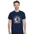 Man wearing navy USA graphic T-shirt with Statue of Liberty and Independence Day design.