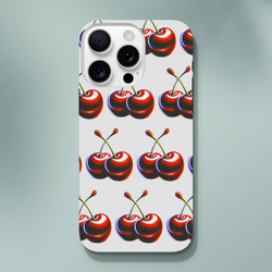 Cherries patterned tough protective phone case for iPhone 16-13, dual-layer wraparound print, glossy finish.