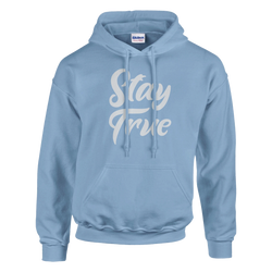 Cute Stay True Hoodie for Women in light blue with white Stay True script, front pouch pocket and double-lined hood.
