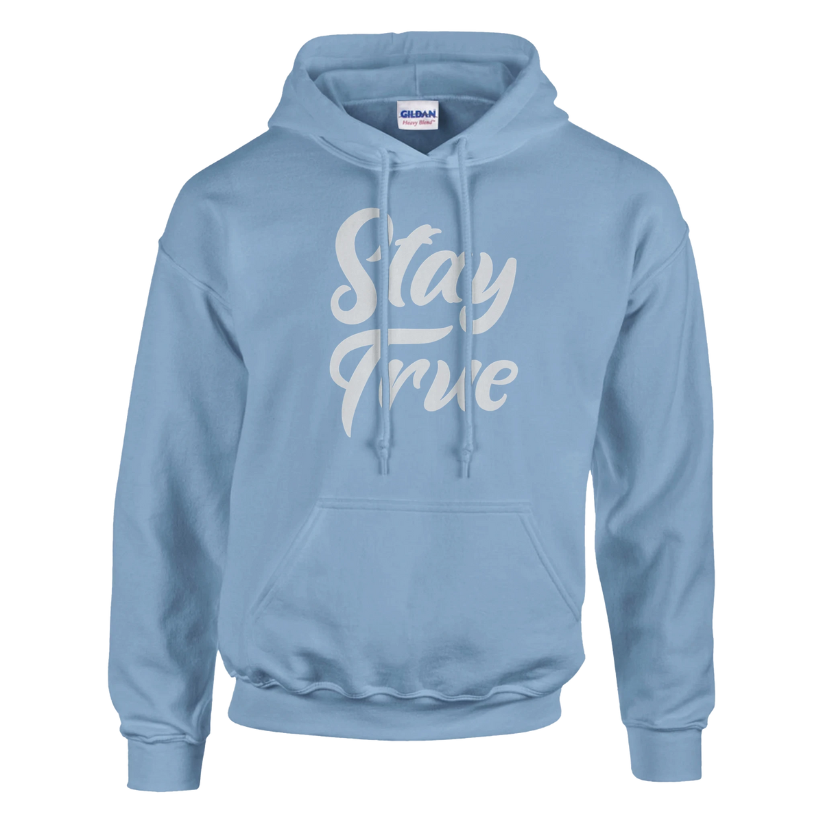 Cute Stay True Hoodie for Women in light blue with white Stay True script, front pouch pocket and double-lined hood.