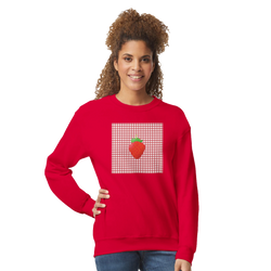 Woman wearing red Retro Strawberry Gingham Sweatshirt with strawberry graphic on gingham patch.