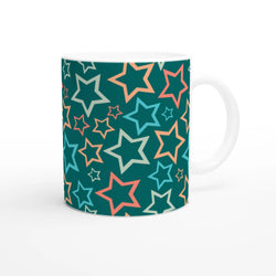 Retro multicolour star mug on teal background, a ceramic coffee cup in Y2K aesthetic.