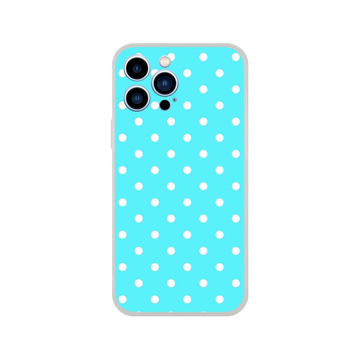 Retro aqua blue iPhone case with white polka dots. Slim, matte TPU cover with shock absorption for iPhone 13-16 series.