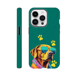 Teal tough iPhone case featuring a cool dog wearing sunglasses and yellow paw prints. Shock-absorbing protection for daily carry.