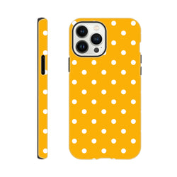Orange and white polka dot tough iPhone case with shock-absorbing dual-layer TPU shell, fitting iPhone 13-16 models.