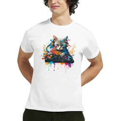 White men's streetwear tee featuring a colorful graphic of a DJ cat with headphones mixing on turntables with vibrant paint splatters.
