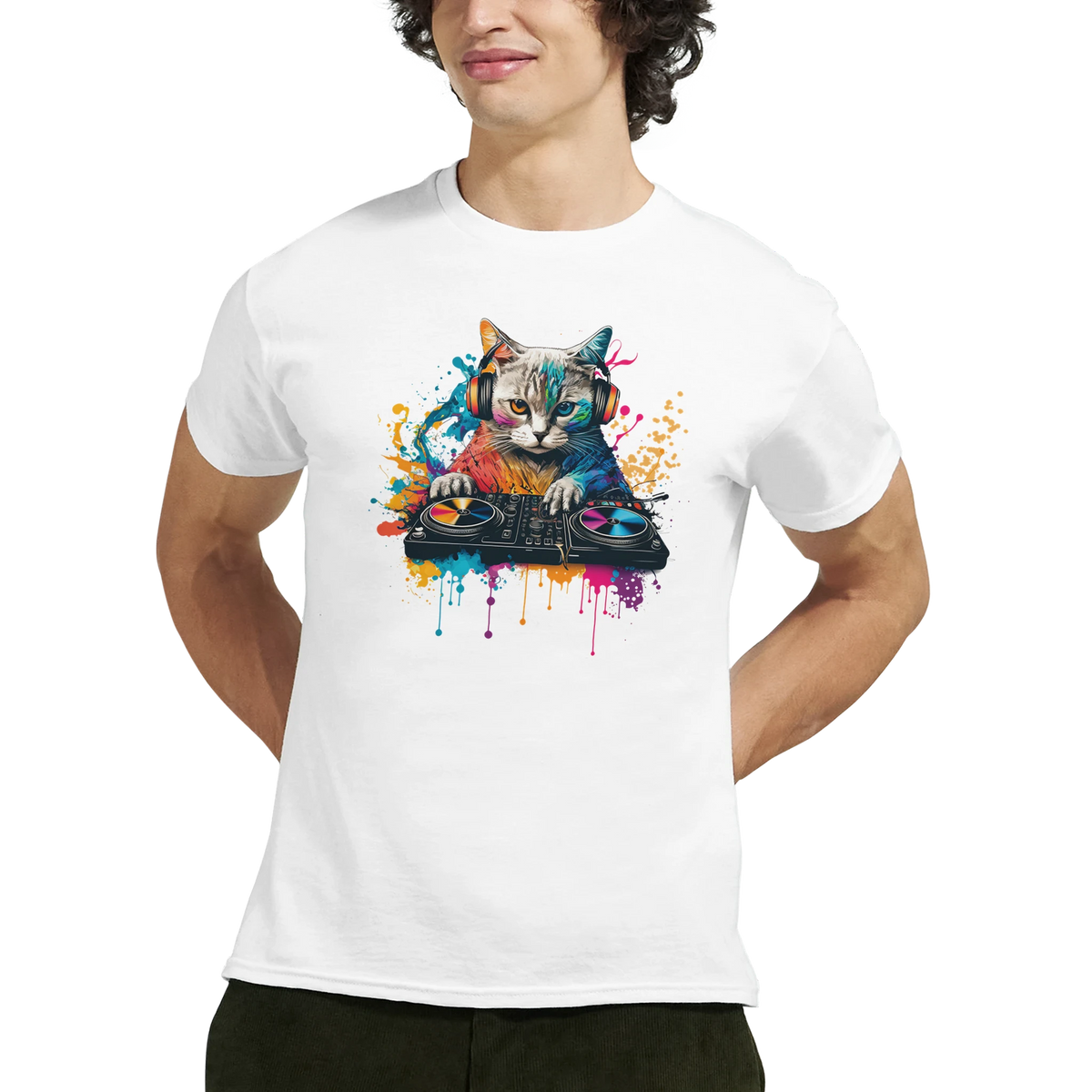 White men's streetwear tee featuring a colorful graphic of a DJ cat with headphones mixing on turntables with vibrant paint splatters.