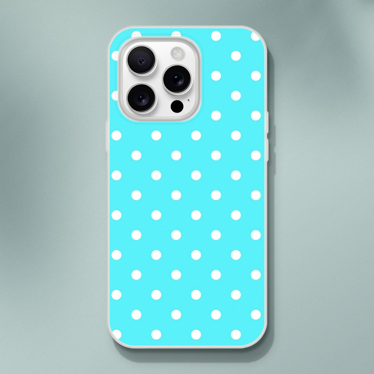 Retro aqua blue iPhone case with white polka dots. Slim, matte TPU cover with shock absorption for daily resilience.