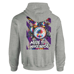 Grey hoodie back print featuring colorful retro drum kit graphic with Urban Palm Trees logo and Made To Make Noise text.