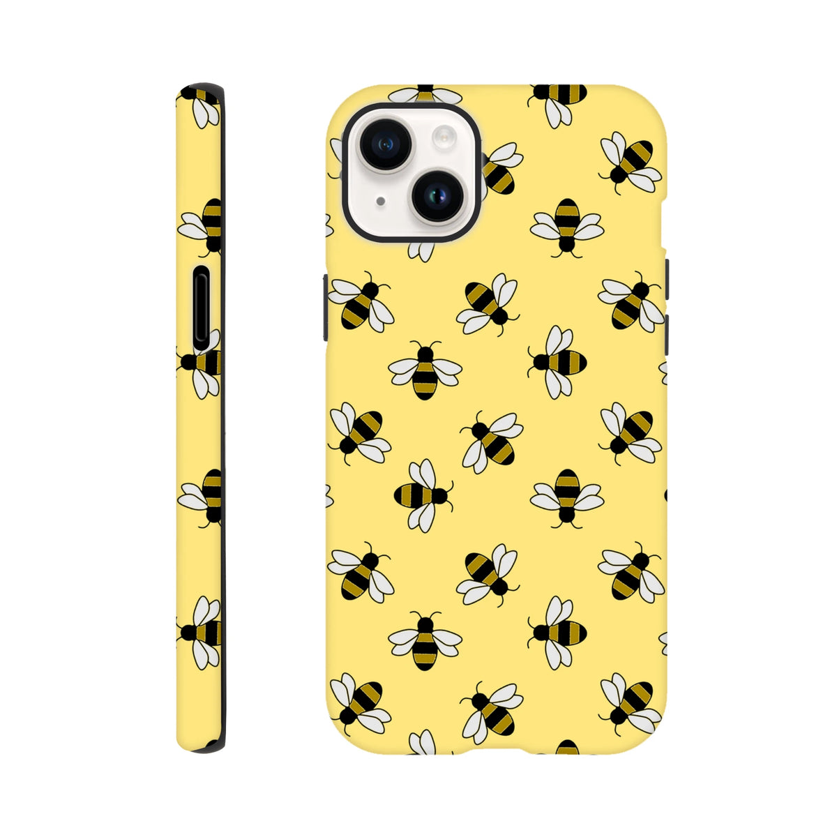 Yellow iPhone case featuring a cute repeating bumblebee pattern with black stripes and white wings on a bright background.