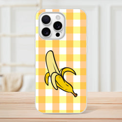 Banana-gingham yellow iPhone case for iPhone 13–16 featuring a bold banana graphic.