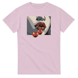 Soft pink women's tee featuring a pop-art lips graphic biting cherries inside a bordered square.