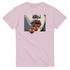 Soft pink women's tee featuring a pop-art lips graphic biting cherries inside a bordered square.