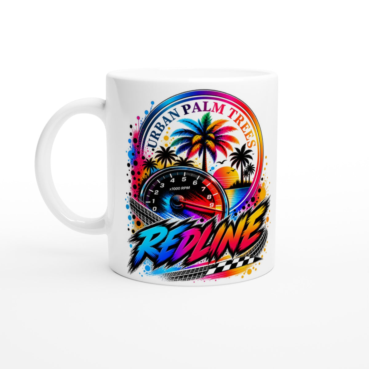 White coffee mug featuring a colorful Redlinepetrolhead design with an RPM gauge, palm trees, and neon text for car enthusiasts.