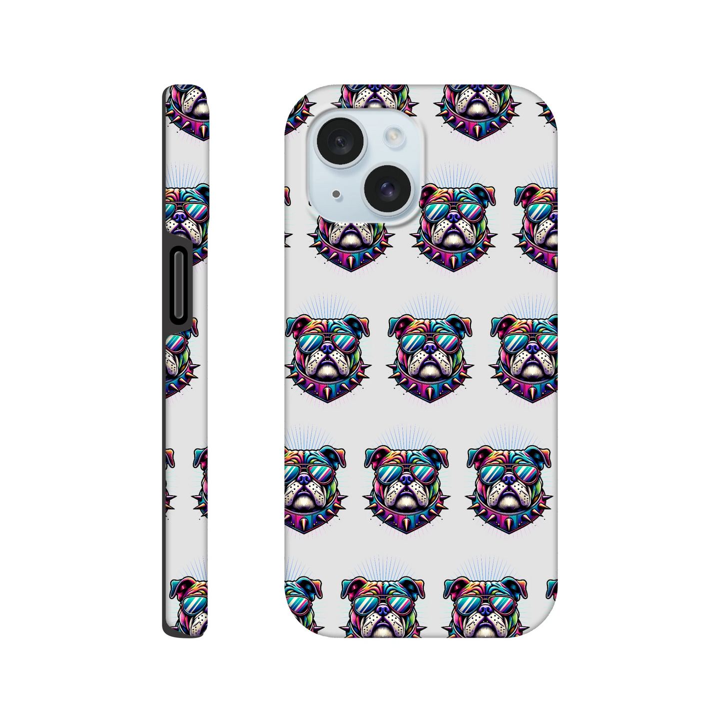 Bulldog head with sunglasses repeating pattern on a glossy wraparound iPhone case.