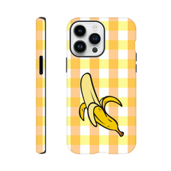 Cute iPhone case featuring a yellow gingham checkered pattern and a cartoon peeled banana graphic.