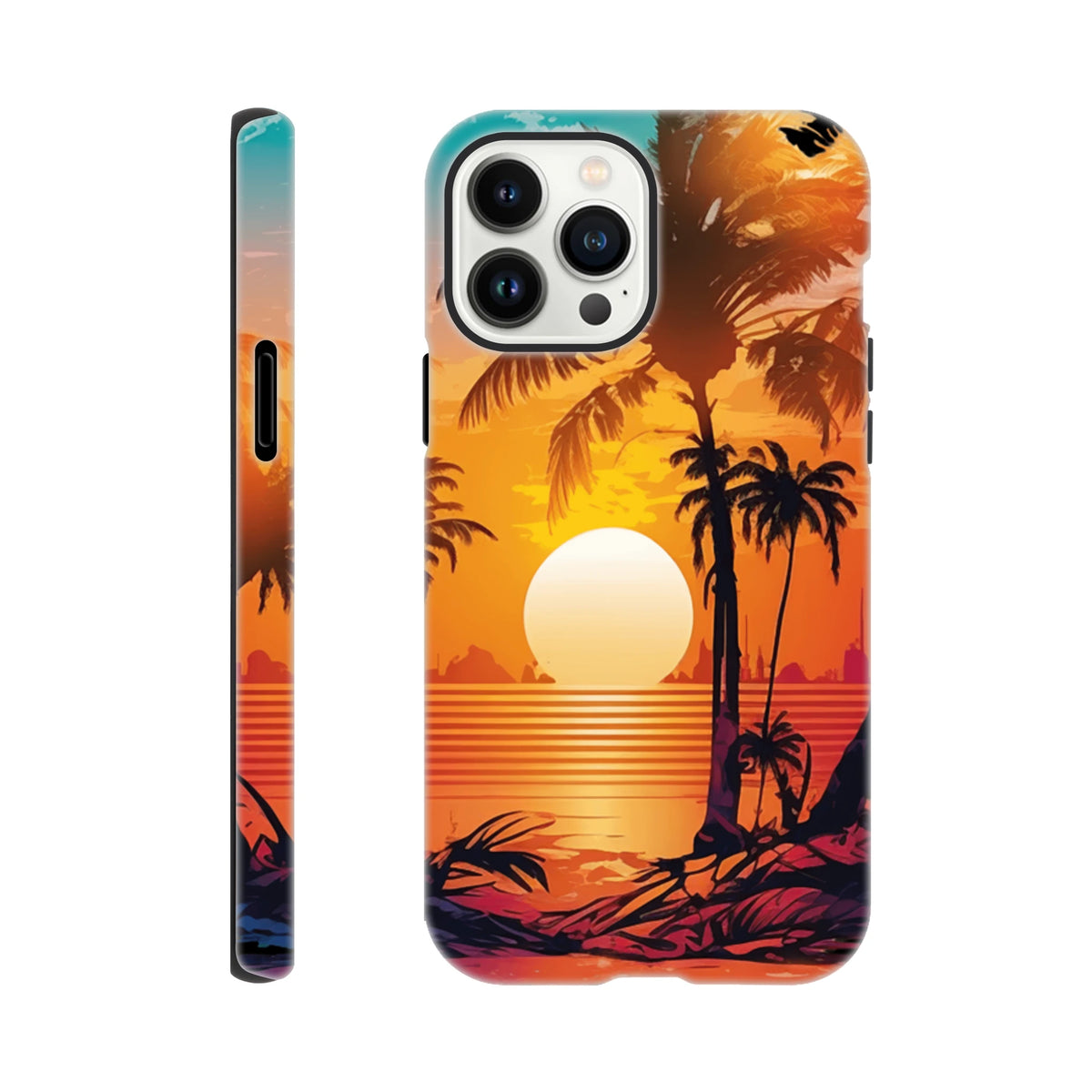Retro tropical sunset iPhone case featuring palm tree silhouettes and vibrant orange gradient over ocean water for beach style.