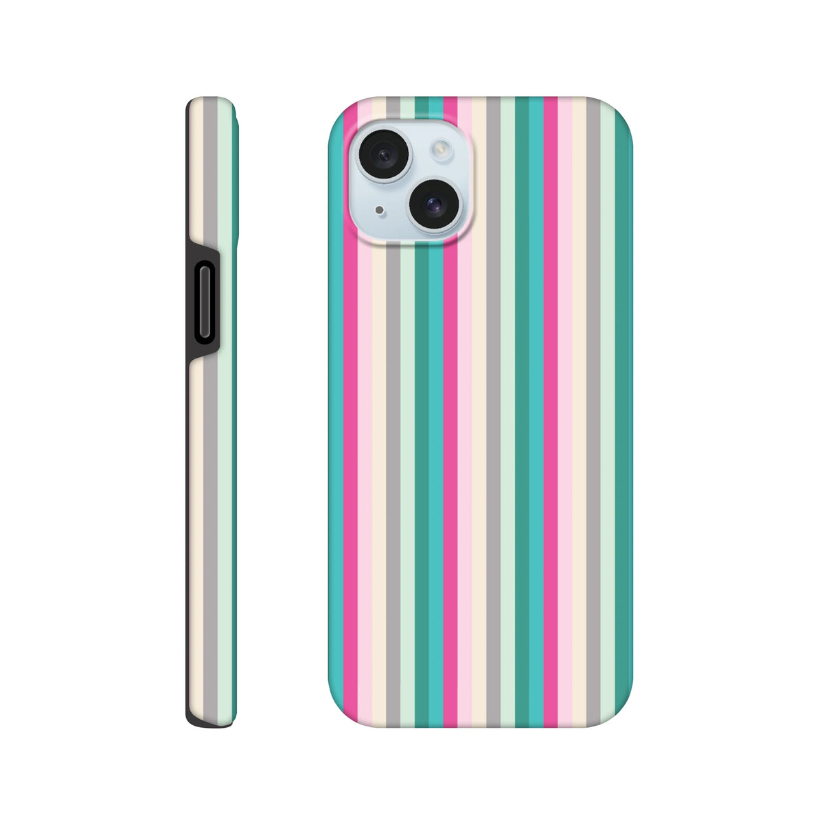 Pink and aqua retro vertical stripe tough iPhone case designed for daily carry and city aesthetic style.