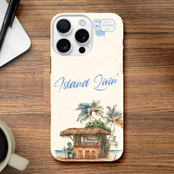 Island Livin beach bar phone case featuring a thatched hut, palm trees, and blue script text on a textured background.