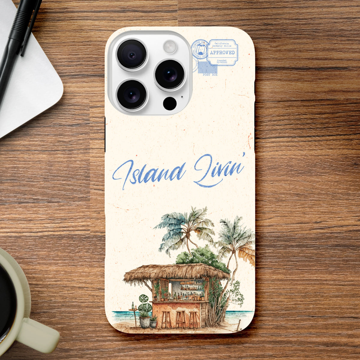 Island Livin beach bar phone case featuring a thatched hut, palm trees, and blue script text on a textured background.