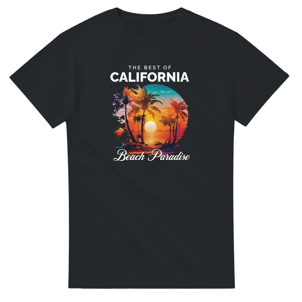 California Beach Paradise T-shirt: black cotton blend tee with sunset circle, palm trees, and white text

