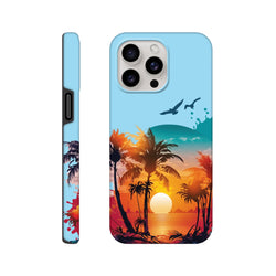 Tropical sunset palm tree tough iPhone case featuring vibrant beach scenery, glowing sun, and flying birds for drop resistance.