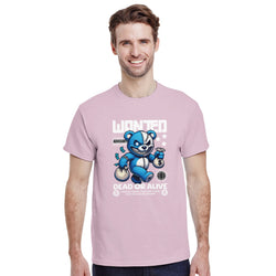 Pink cotton-blend crew neck T-shirt for men with blue teddy bear graphic.